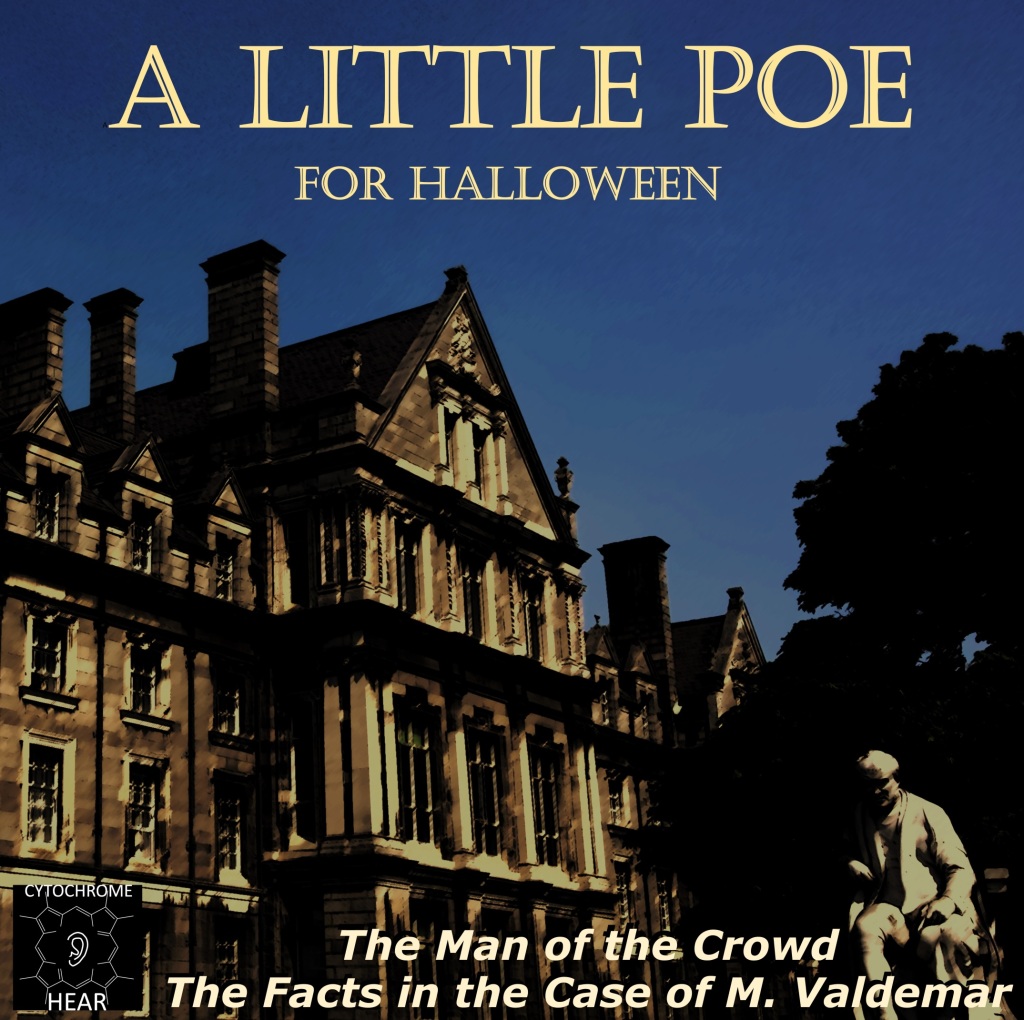 Imagine of a house at dusk with a brooding statue outside. Text reads "A A Little Poe for Halloween"